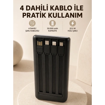 Hızlı Şarj Powerbank 50.000 Mah 4 Dahili Kablolu Led Aydınlatmalı Dijital Göstergeli Taşınabilir Batarya