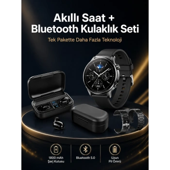 Kablosuz Bluetooth Kulaklık Ve Kordon Hediyeli Akıllı Saat Nabız Ölçer Uzun Pil Ömrü