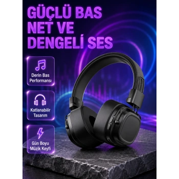 Kablosuz Kulak Üstü Bluetooth Kulaklık Güçlü Bas Ve Katlanabilir Tasarım