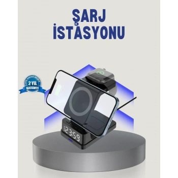 Kablosuz Şarj Cihazı Ve Dijital Saat – 4’ü 1 Arada Hızlı Şarj, Apple Uyumlu, Led Işıklı Tasarım