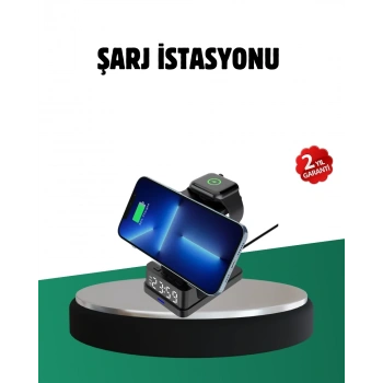 Kablosuz Şarjlı Dijital Masa Saati – 3 Parlaklık Seviyeli Led, Hızlı Şarj, Apple Uyumlu