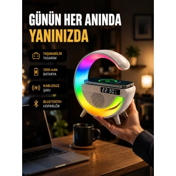 Kablosuz Şarjlı Led Masa Lambası Çalar Saat Ve Beyaz Gürültü Özellikli