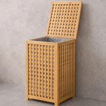 KALIN AHŞAP BAMBU KİRLİ ÇAMAŞIR SEPETİ KUMAŞ ÇANTALI SEPET=40X40X58CM (5263)