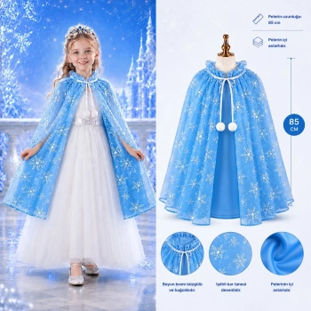 Kar Tanesi Desenli Mavi Elsa Pelerini - Astarlı Frozen Pelerini 85 cm (5263)