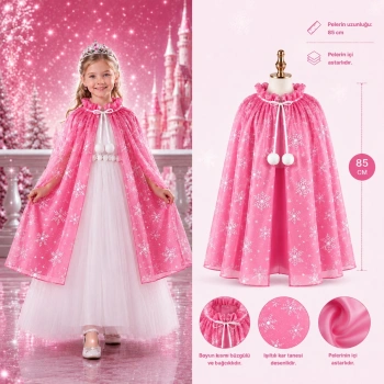 Kar Tanesi Desenli Pembe Elsa Pelerini - Astarlı Frozen Pelerini 85 cm (5263)