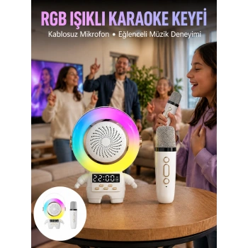 Karaoke Özellikli Astronot Bluetooth Hoparlör Kablosuz Mikrofonlu