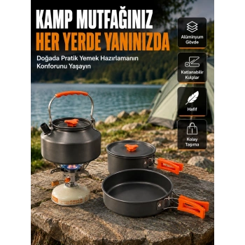 Katlanabilir Kulplu Alüminyum Kamp Tencere Tava Çaydanlık Seti Piknik Ve Doğa Kampı İçin