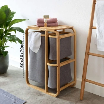 KİRLİ ÇAMAŞIR SEPETİ AHŞAP - BAMBU 3 ORGANİZER BÖLMELİ KUMAŞ ÇANTALI 50X30X70CM (5263)