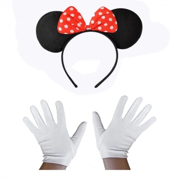 Kırmızı Fiyonklu Minnie Mouse Tacı ve Beyaz Eldiven Seti (5263)