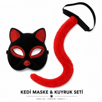 Kırmızı Kedi Maske ve Kuyruk Seti Parti Kostüm Aksesuarı (5263)