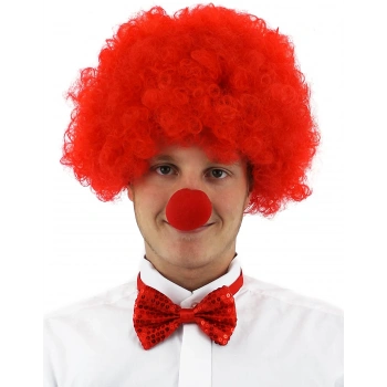 Kırmızı Renk Kıvırcık Afro Bonus Peruk Takma Saç ve Kırmızı Burun Seti (5263)