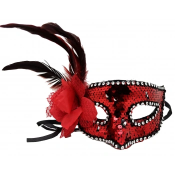 Kırmızı Renk Yandan Tüylü Güllü Gümüş Taşlı Pullu Maske 20x22 cm (5263)
