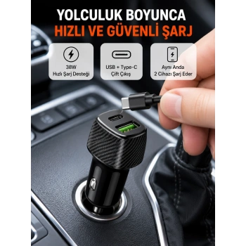 Kompakt Tasarımlı Type-c + Usb Girişli Araç Şarj Başlığı