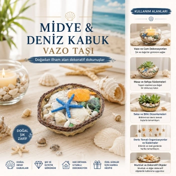 KÜÇÜK - KARE - AHŞAP SEPETLİ RENKLİ MİX MİDYE - DENİZ KABUK VAZO TAŞI (5263)