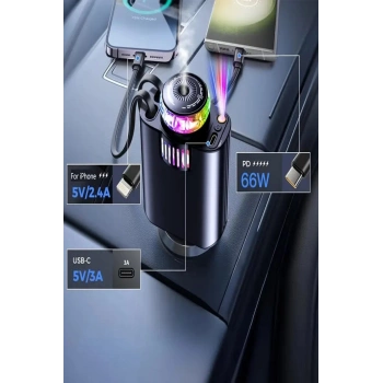 Led Işık Aydınlatmalı 45w Hava Nemlendirici 5’1 Arada Şarj Cihazı Araç İçi Çakmaklık Şarj Aleti