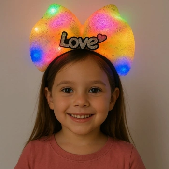 LED Işıklı Love Yazılı Sarı Fiyonk Taç – Kız Çocuk Parti Tacı (5263)