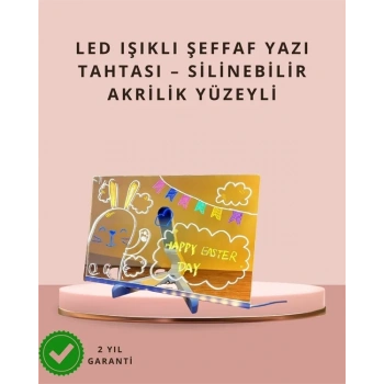 Led Işıklı Şeffaf Yazı Tahtası – Neon Etkili Akrilik Pano, Silinebilir, 7 Renkli Kalemli, 30x20 Cm
