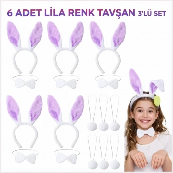 Lila Tavşan Sahne Seti 6'lı Set Taç Papyon Kuyruk (5263)