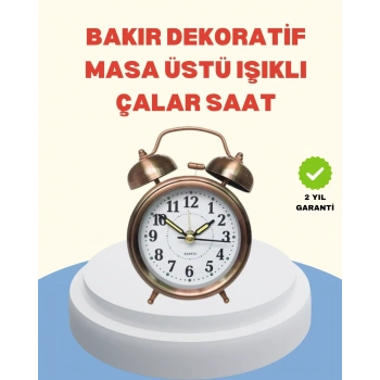 Metal Bronz Nostaljik Masa Saati Alarmlı Büyük Boy Sessiz Mekanizmalı