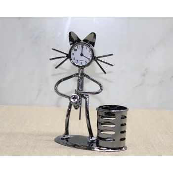 Metal Saksafon Çalan Kedi Müzisyen Saat Ve Kalemlik Alk4343