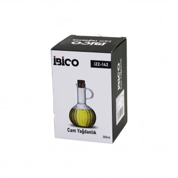 MİNİ CAM YAĞDANLIK ÇİZGİLİ DESEN 300ML AHŞAP BAMBU MANTAR TIPA (5263)
