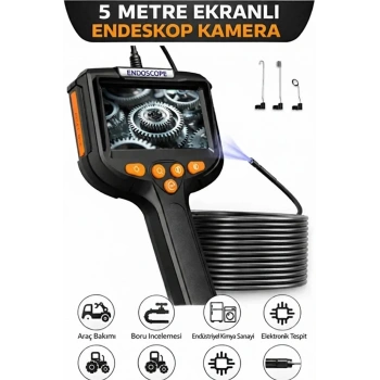 Monitörlü Tek Kameralı 5 Mt Sert Kablo Yılan Endoskop Kamera 5,5 Mm 4.3 Inc Ekran Ip67 Su Geçirmez