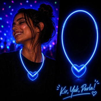 Neon Işıklı Fosforlu Kalp Parti Kolyesi Mavi Renk (5263)