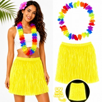 Neon Sarı Hawaii Etek 40 cm ve Rengarenk Hawaii Kolye (5263)