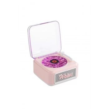Nostalji Mini Plak Görünümlü Radyolu Bluetooth Hoparlör 3d Ses Dalgası Retro Müzik Plak Pembe