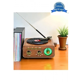 Nostaljik Tasarım Plak Çalar Görünümlü Radyolu Bluetooth Hoparlör Retro Müzik Plak Açık Kahverengi