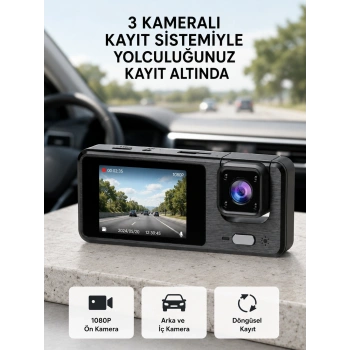 Park Modlu 3 Kameralı Araç Kayıt Cihazı 1080p Ön Kamera 2’’ Ekran