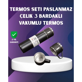 Paslanmaz Termos Ve İkili Bardak Seti | 6-12 Saat Sıcak/soğuk Tutma