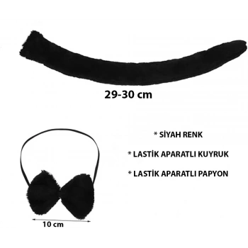 Peluş Siyah Renk Kuyruk ve Papyon Yetişkin Çocuk Uyumlu (5263)
