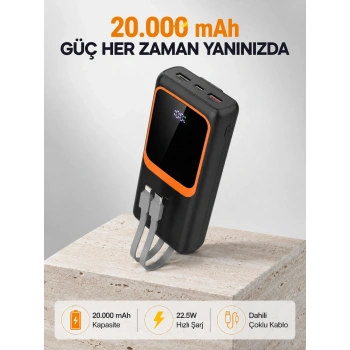Powerbank 20000 Mah 22.5w Hızlı Şarjlı Ve Kompakt Çoklu Kablo Çıkışlı