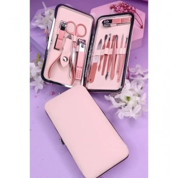 Profesyonel Çantalı Tırnak Bakım Manikür Seti Pembe Renk 12 Parça