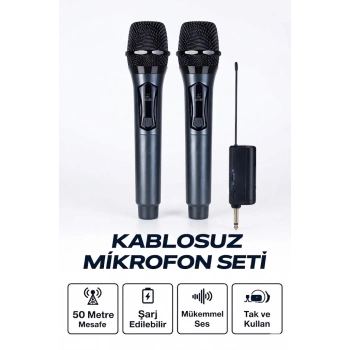 Profesyonel Çiftli Kablosuz Mikrofon Seti Karaoke Şarj Edilebilir 50 Metre