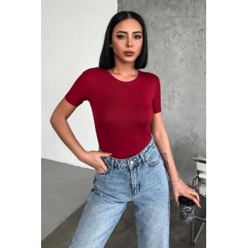 Rahat Ve Şık Kısa Kollu Bisiklet Yaka Likralı Viskon Penye Body Bordo