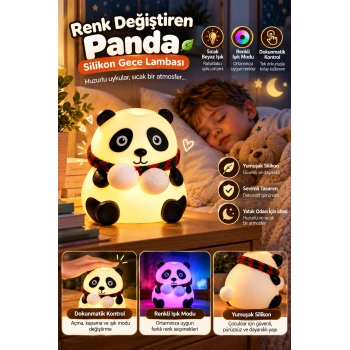 Renkli Işık Modlu Silikon Panda Gece Lambası Dokunmatik Kontrollü Sevimli Dekoratif