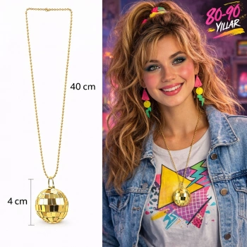 Retro Disko Topu Şekilli 80'ler 90'lar Altın Renk Plastik Kolye (5263)