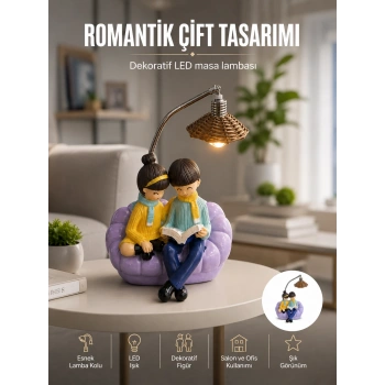 Romantik Çift Figürlü Okuyan Çift Masa Lambası Dekoratif Led Aydınlatma