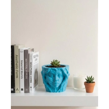 Sanatsal Kadın Yüzü Ağaç Detaylı 3d Baskı Dekoratif Vazo Saksı