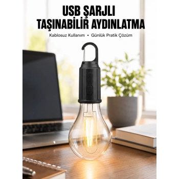 Şarjlı Dekoratif Kamp Lambası Askılı Ampul Led Işık Type-c Girişli