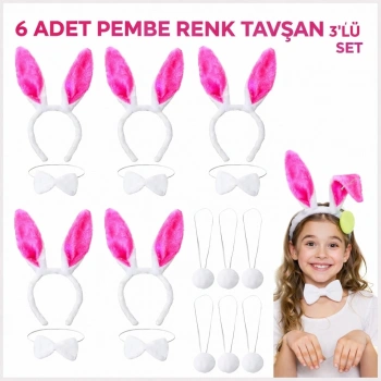 Şeker Pembesi Tavşan Sahne Seti 6'lı Set Taç Papyon Kuyruk (5263)