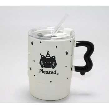 Sevimli Ayı Figürlü Pipetli Kapaklı Porselen Kupa Bardak Alk5041