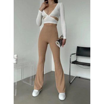 Şık Ve Rahat Yüksek Bel İspanyol Paça Fitilli Toparlayıcı Bej Tayt