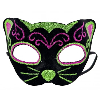 Siyah Kadife Kaplama Üzeri Pembe Yeşil Sim İşlemeli Kedi Maskesi 20x13 cm (5263)