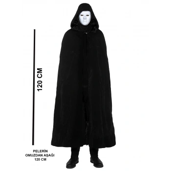 Siyah Kapüşonlu 120 cm Pelerin ve Beyaz Boyanabilir Tam Yüz Maske (5263)