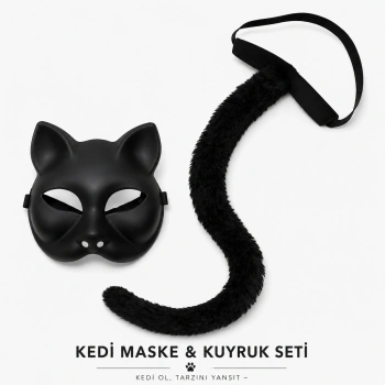 Siyah Kedi Maskesi ve Peluş Kuyruk Kostüm Seti 70 cm (5263)