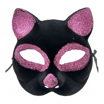 Siyah Renk Pembe Simli Süet Kaplama Kedi Maskesi 18x14 cm (5263)