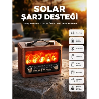 Taşınabilir Şömine Görünümlü Bluetooth Hoparlör – Solar Şarjlı, Alev Işıklı, 7w Ses